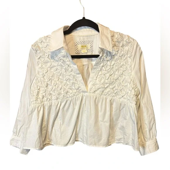 Maeve Smocked Babydoll Top Medium White Poplin Puff Sleeve Feminine Chic - Picture 5 of 10